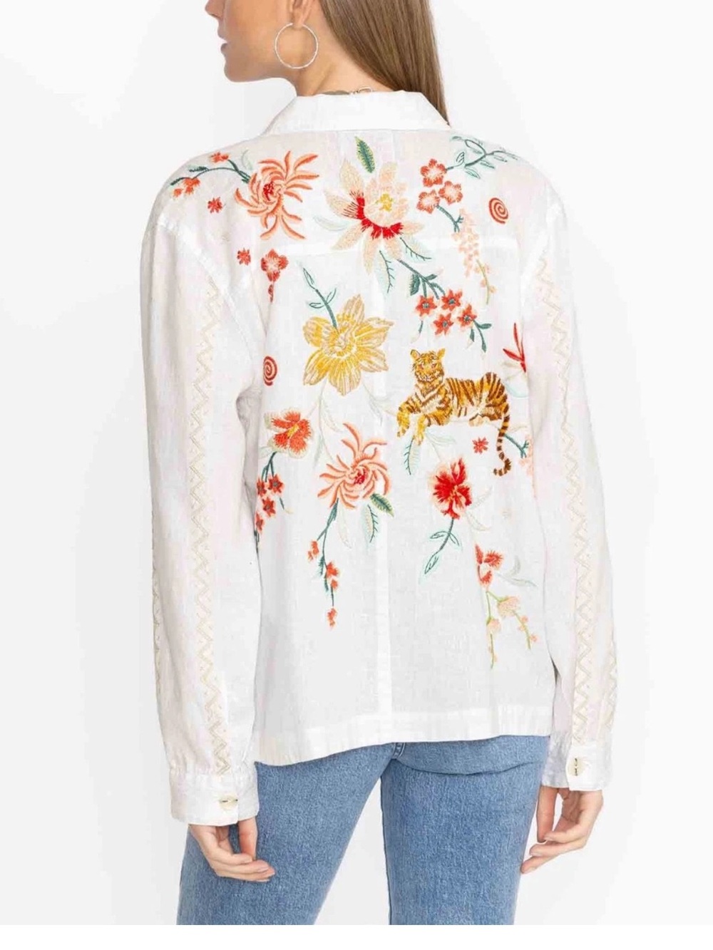 Johnny Was Andrean Linen Jacket Size Petite Large PL White Floral Embroidered